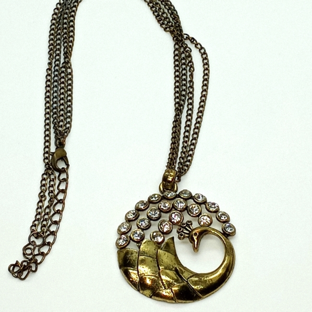 Handmade Peacock Necklace Rhinestone Two Layers Chain Adjustable Bronze Colored